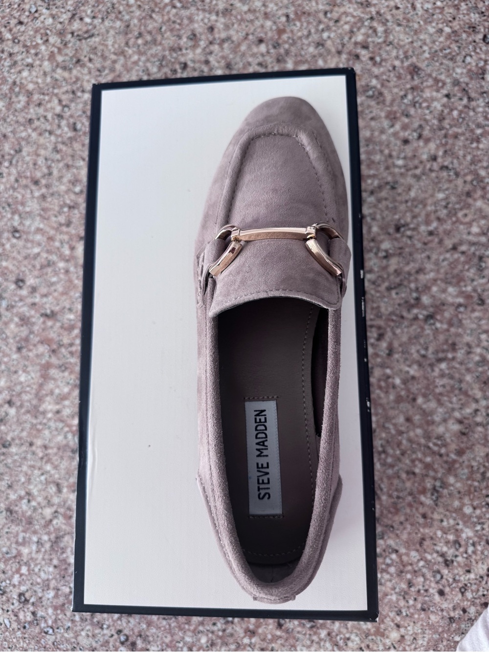 Steve Madden Taupe Suede Loafers with Gold Buckle